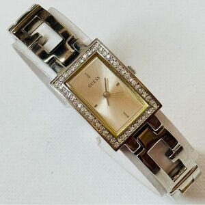 Vintage Guess Women's Crystals Tank Watch Silver Dial Logo Bracelet G75470L